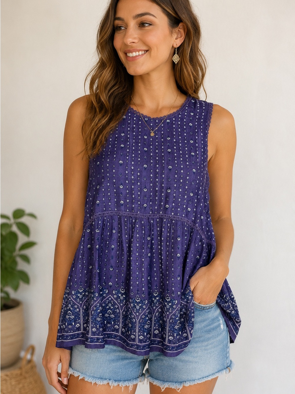 Purple Boho Floral Border Print Babydoll Sleeveless Top